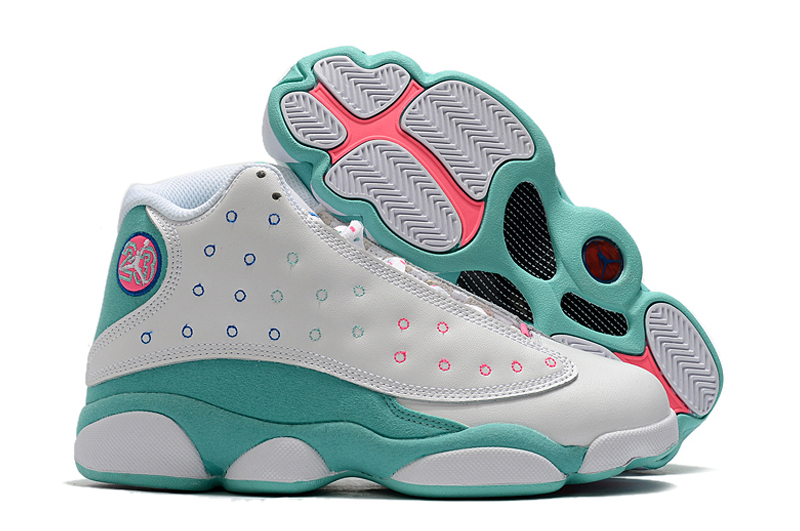 2020 Women Air Jordan 13 White Gint Green Peach Shoes